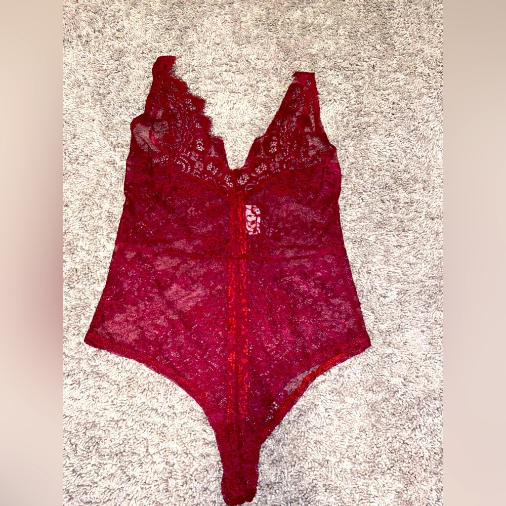 Oh Polly Maroon Lace Bodysuit